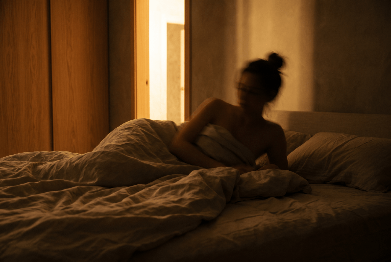 AI-generated image depicting late-night anxiety and swirling thoughts