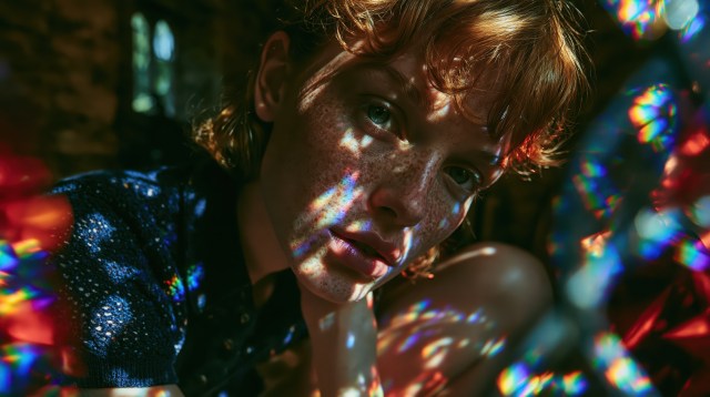 Close-up portrait of a young woman with freckles illuminated by colorful, dreamy light refractions