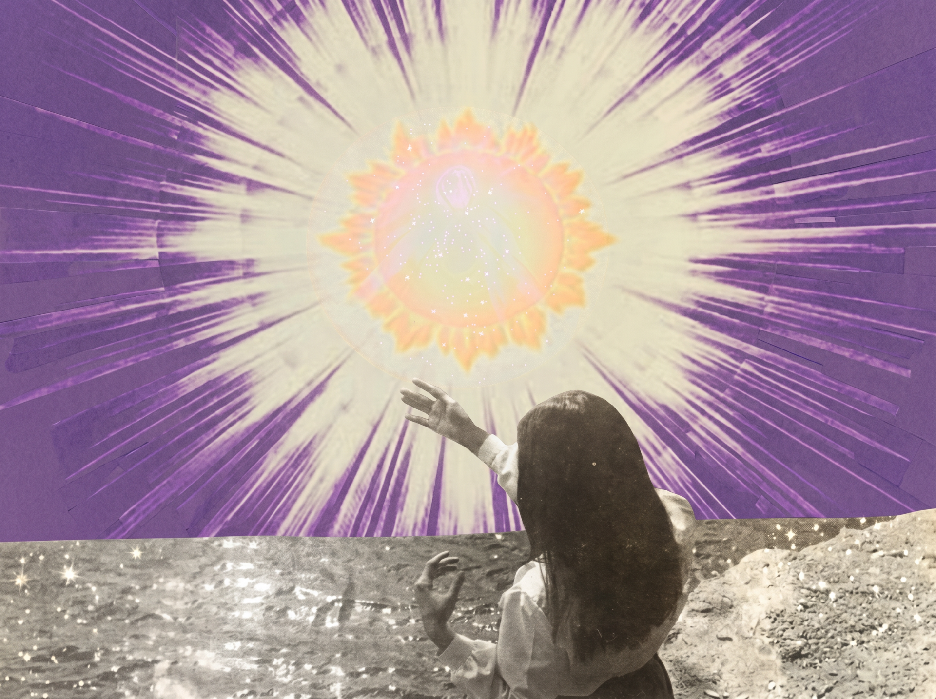 Surreal collage of a woman with long dark hair reaching up toward a glowing orange and white starburst on a purple background, with a black-and-white coastal scene below.