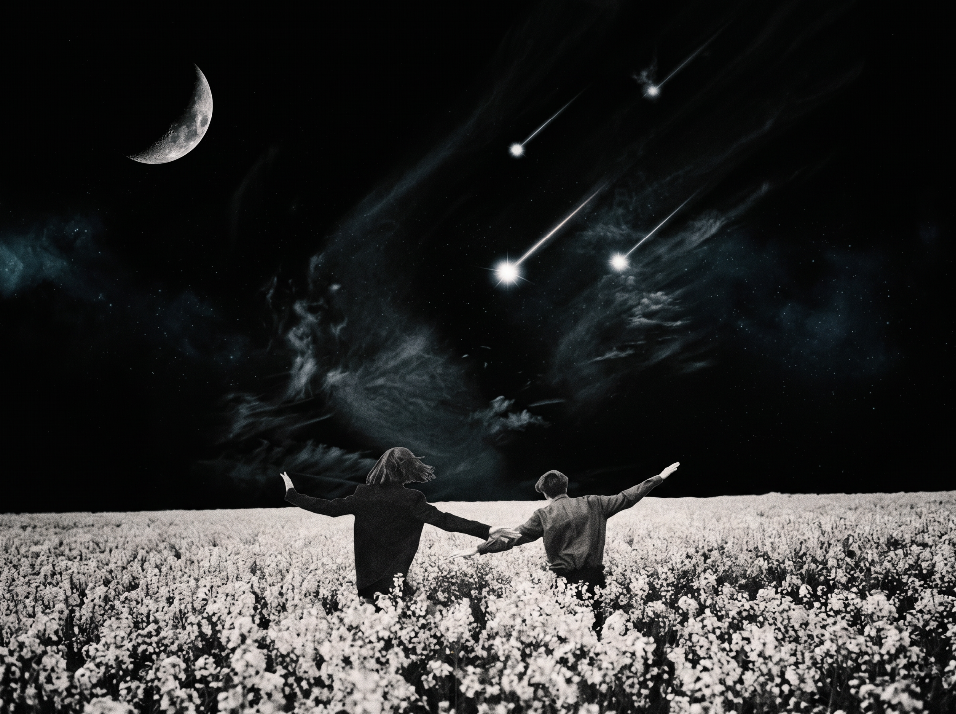 Black and white digital art of two people holding hands in a flower field, arms spread wide, with a crescent moon and shooting stars in the dark sky.