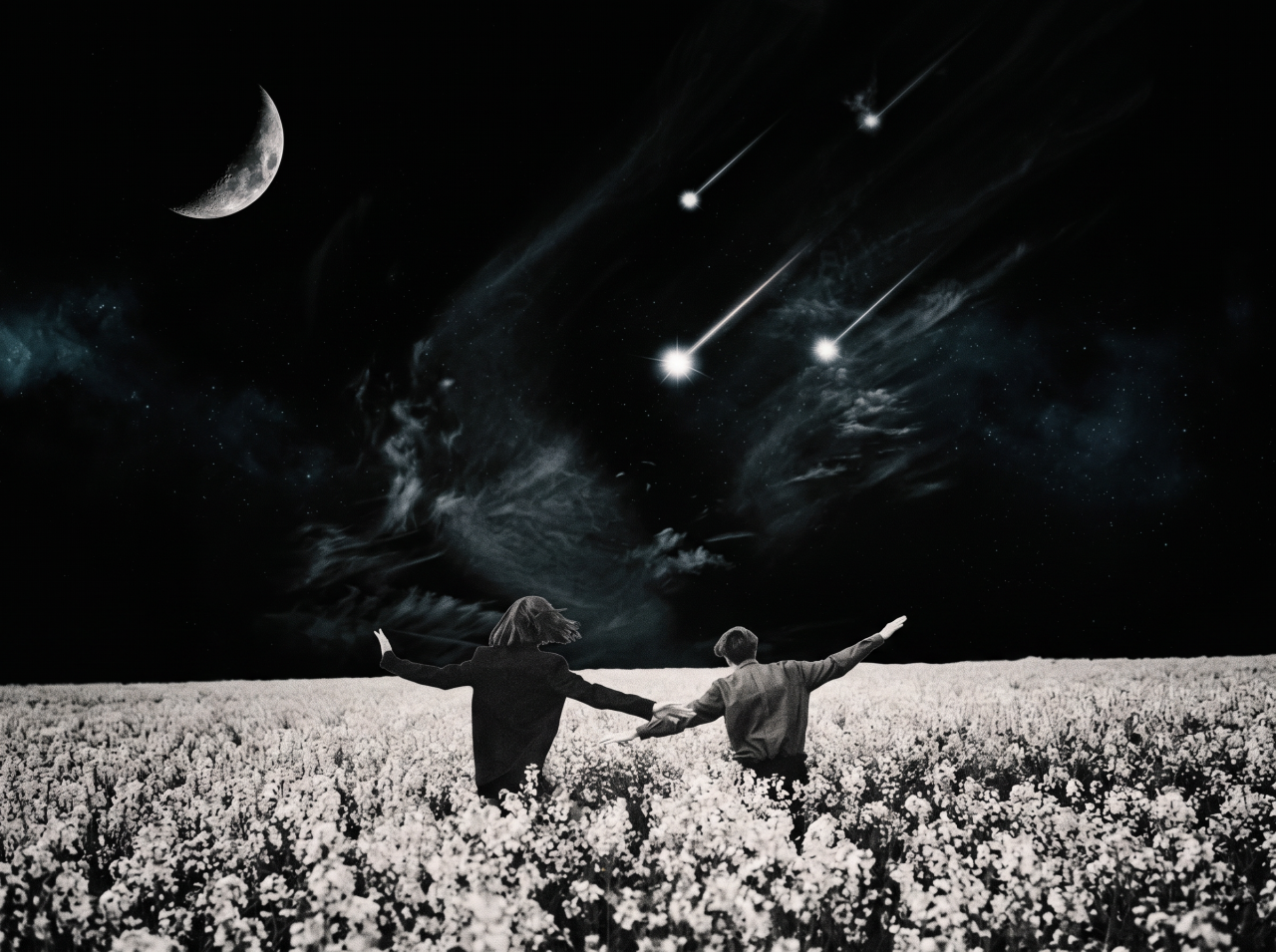 Black and white digital art of two people holding hands in a flower field, arms spread wide, with a crescent moon and shooting stars in the dark sky.