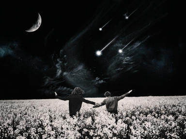 Black and white digital art of two people holding hands in a flower field, arms spread wide, with a crescent moon and shooting stars in the dark sky.