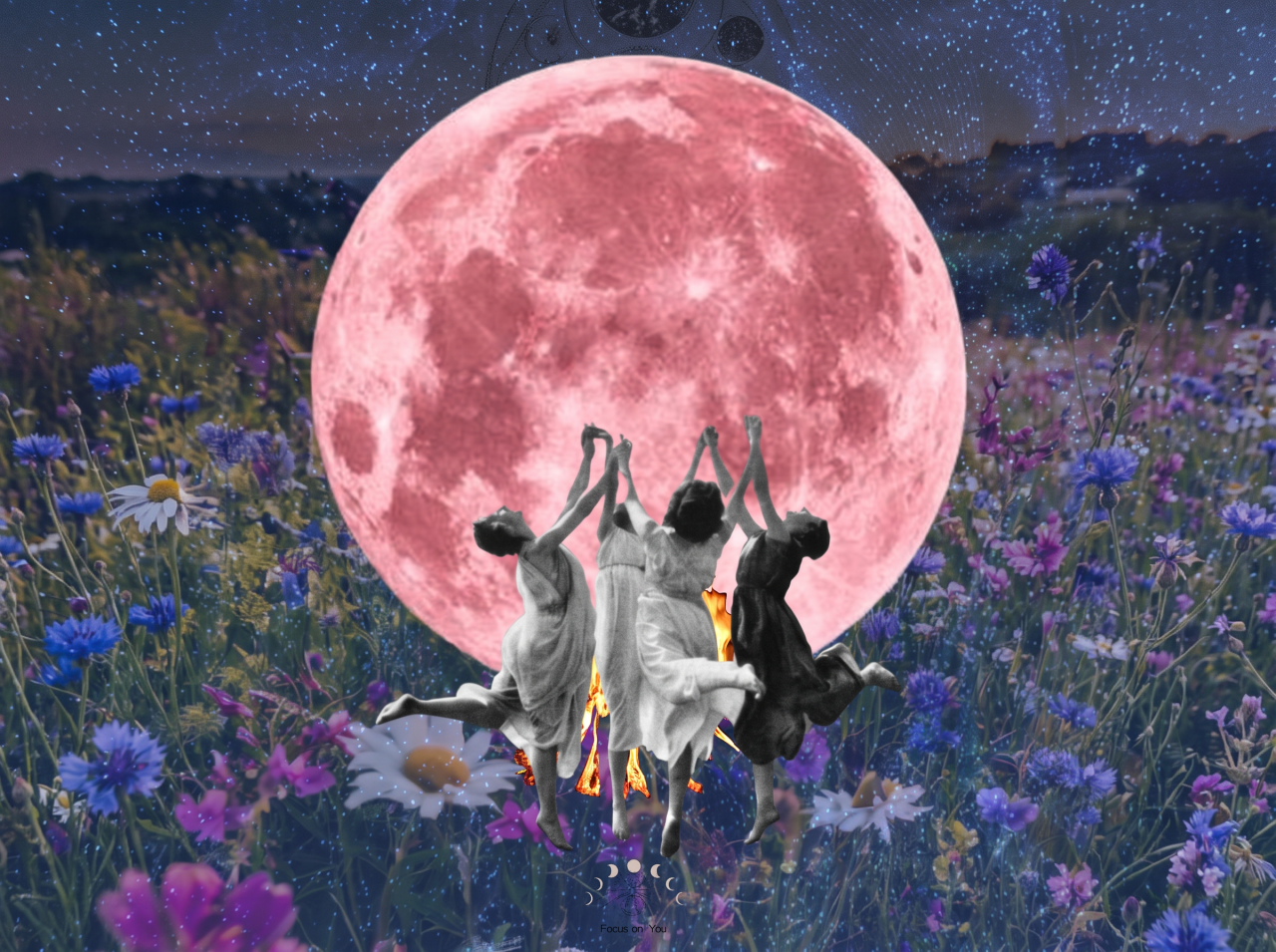 Digital collage of three women in flowing dresses dancing around a fire under a large pink full moon over a wildflower field at night.