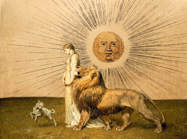 Surreal painting of a robed woman with a lion and a leaping lamb beneath a radiant sun with a human face, set in a golden field.
