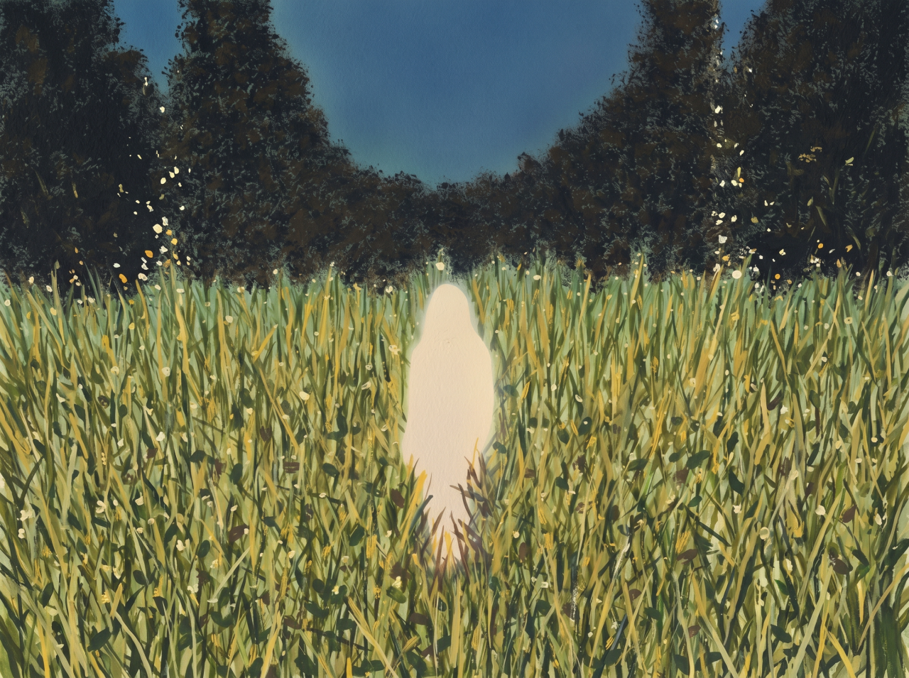 Painting of a glowing white figure standing in a lush green and gold grass field at dusk, with dark trees lining the background.