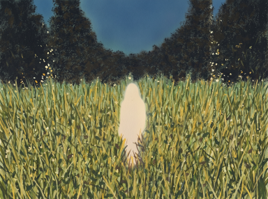 Painting of a glowing white figure standing in a lush green and gold grass field at dusk, with dark trees lining the background.