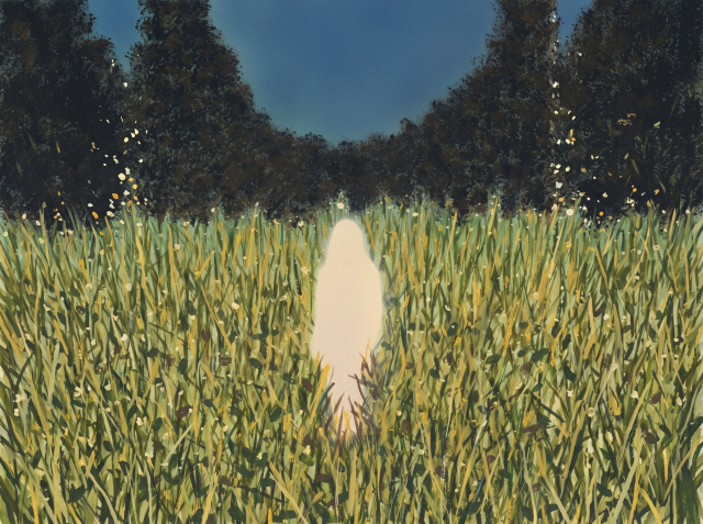 Painting of a glowing white figure standing in a lush green and gold grass field at dusk, with dark trees lining the background.