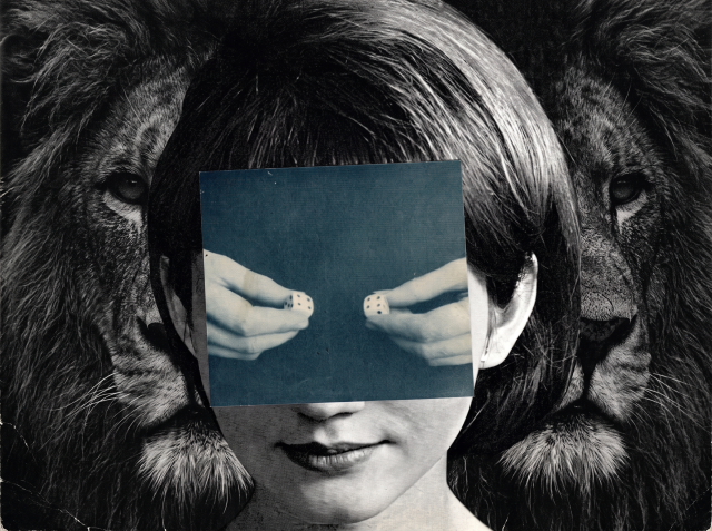 Surrealist collage of a woman's face obscured by an image of two hands holding dice, with a lion on each side, in black and white.