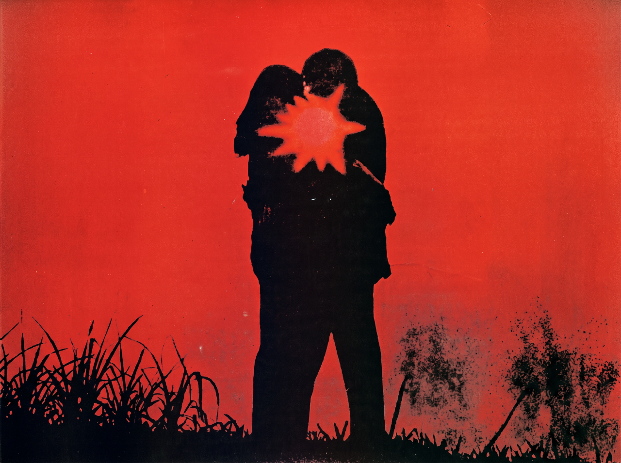 Black silhouette of two people embracing against a vivid red background, with a glowing star-burst shape between them and grass silhouettes below.