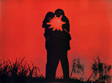Black silhouette of two people embracing against a vivid red background, with a glowing star-burst shape between them and grass silhouettes below.