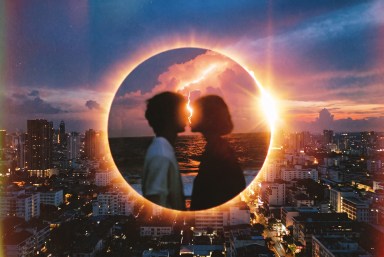 Total solar eclipse with the moon fully blocking the sun, surrounded by a glowing corona