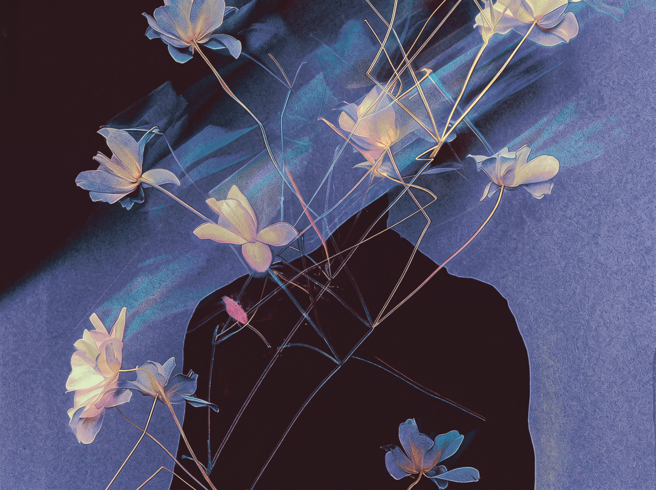 Dark silhouette of a person with no visible face, surrounded by glowing white and pink flowers on thin golden stems against a purple background.