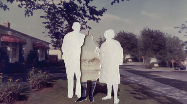 Two white-painted human silhouettes overlaid on a vintage suburban street photo, with a third partially revealed figure between them.