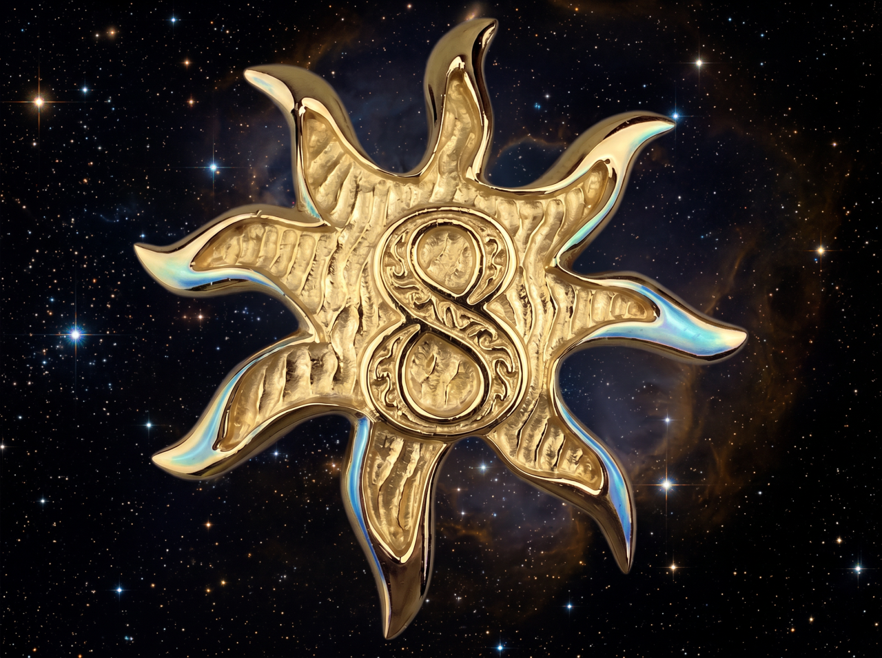 Gold sun-shaped medallion with ornate number 8 at its center, set against a dark starry space background.