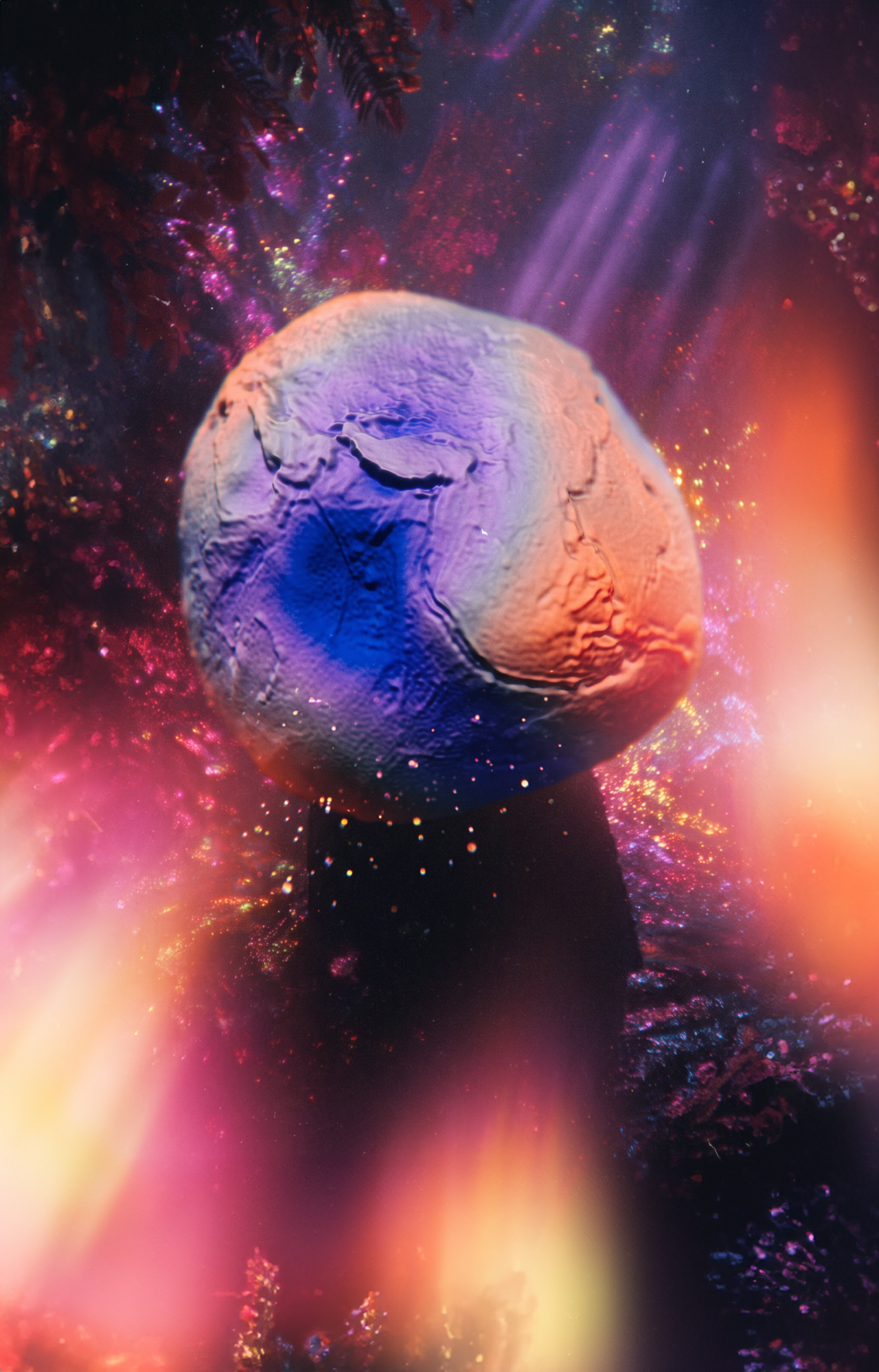A rough, irregular sphere illuminated by purple and orange light against a colorful cosmic background with glitter and lens flares.