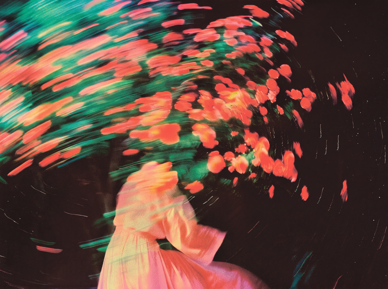 Motion-blurred figure in a pink dress surrounded by swirling orange flowers and green leaves against a dark background.