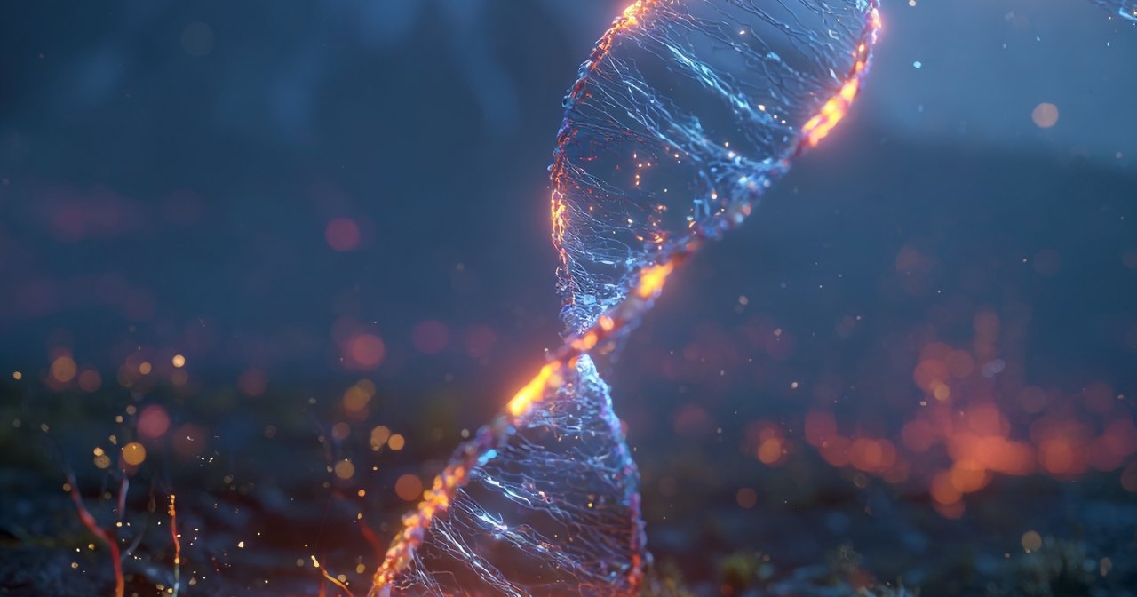 3D illustration of a luminous DNA double helix with orange and blue light rising from a dark rocky landscape with a mountain in the background.