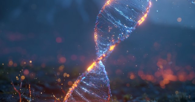 3D illustration of a luminous DNA double helix with orange and blue light rising from a dark rocky landscape with a mountain in the background.