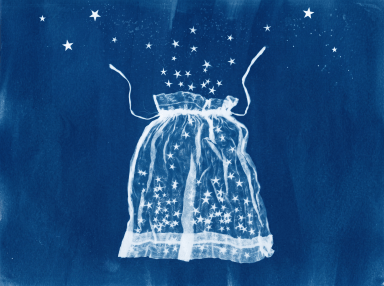 Cyanotype-style image of a sheer star-patterned drawstring bag with white stars spilling out against a deep blue background.
