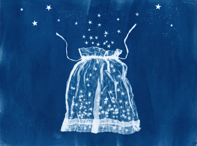Cyanotype-style image of a sheer star-patterned drawstring bag with white stars spilling out against a deep blue background.