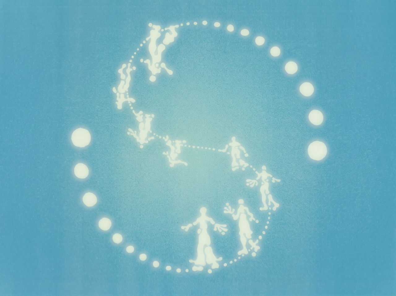 Glowing white human figures and orbs arranged in a spiraling circle against a soft blue background, suggesting transformation and cosmic cycles.