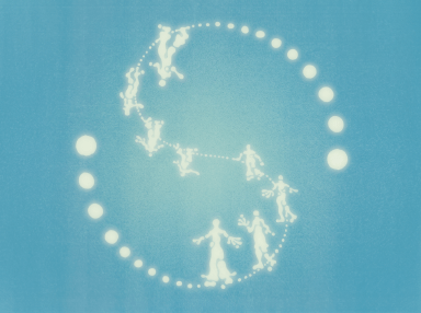 Glowing white human figures and orbs arranged in a spiraling circle against a soft blue background, suggesting transformation and cosmic cycles.