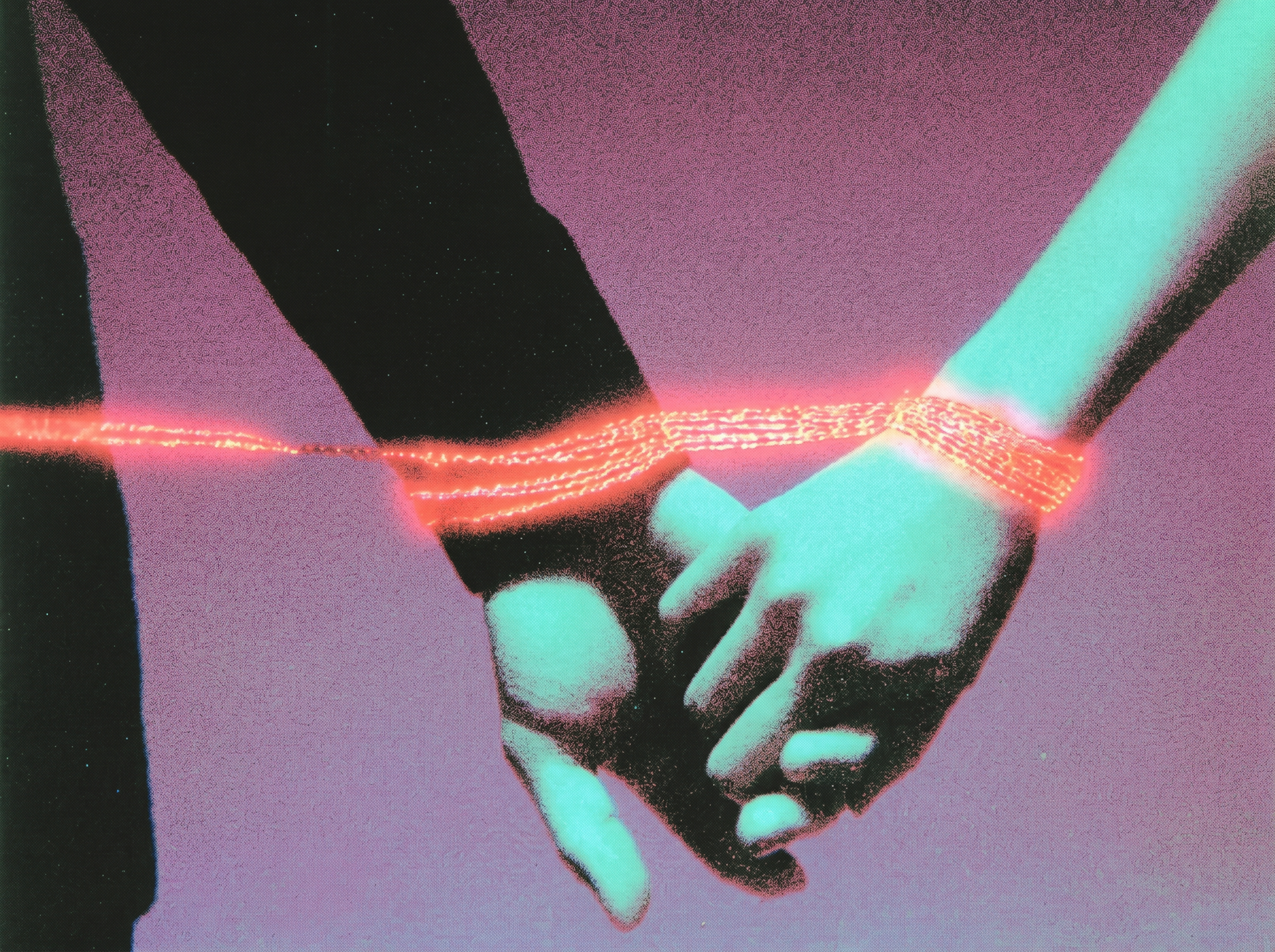 Two hands holding each other with a glowing red string wrapped around their wrists against a purple background, digital art.