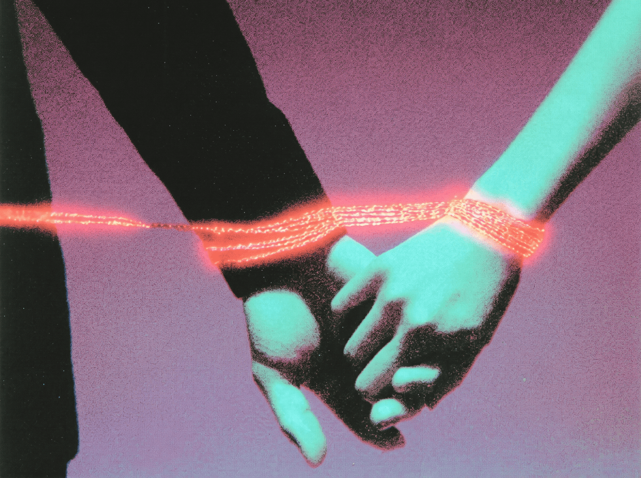 Two hands holding each other with a glowing red string wrapped around their wrists against a purple background, digital art.