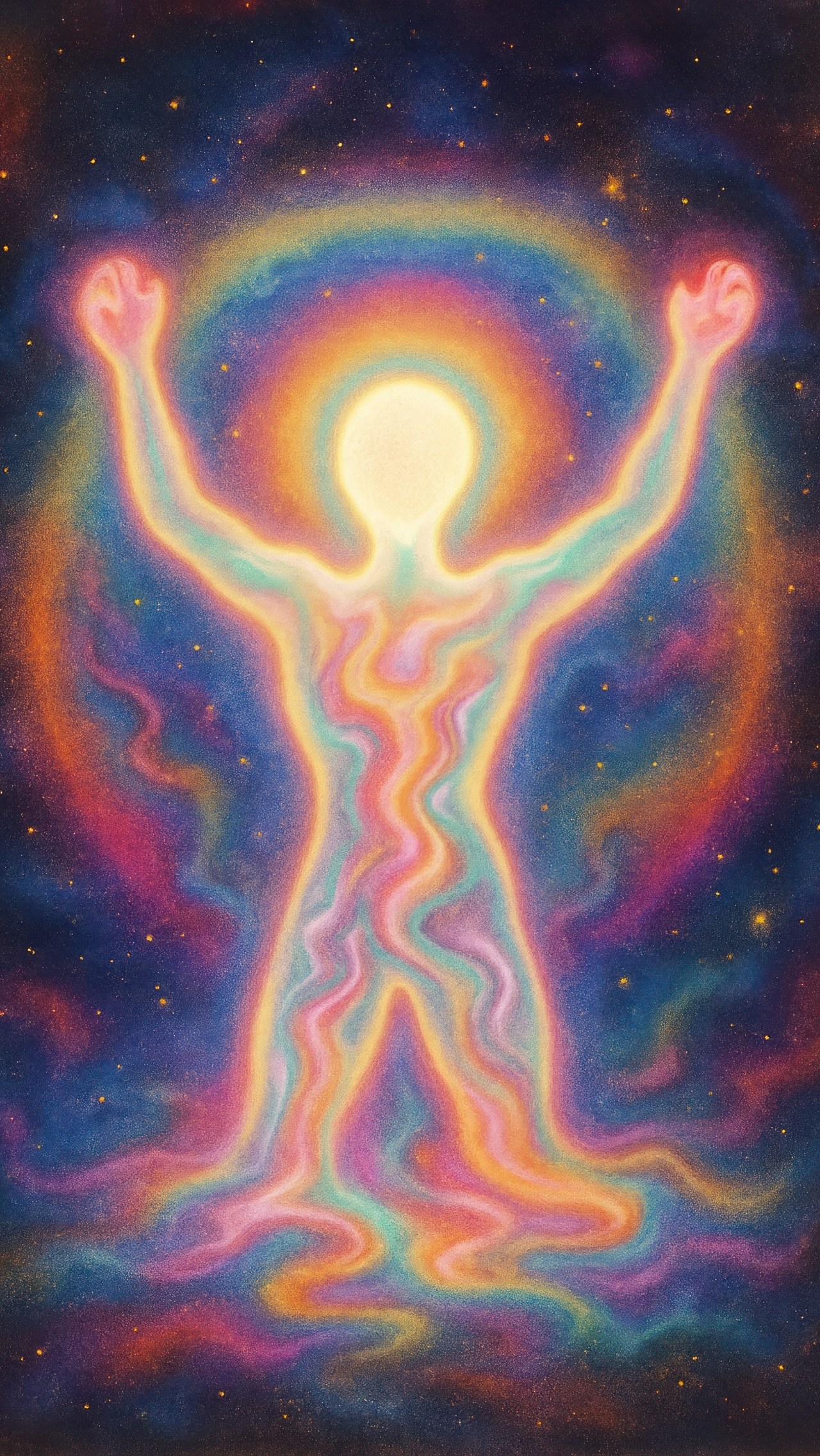 Glowing abstract human figure with arms raised, surrounded by swirling rainbow energy against a dark starry background.