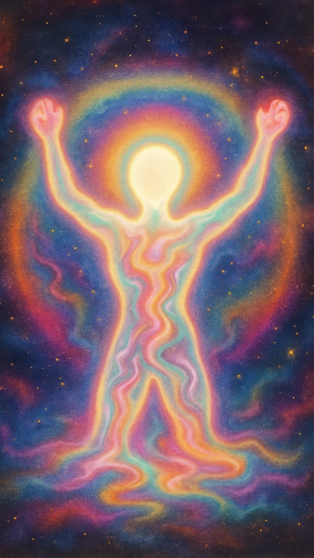 Glowing abstract human figure with arms raised, surrounded by swirling rainbow energy against a dark starry background.