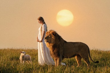 Painting of a robed woman standing beside a lion under a radiant sun with a human face, a small leaping lamb in the background on a golden field.