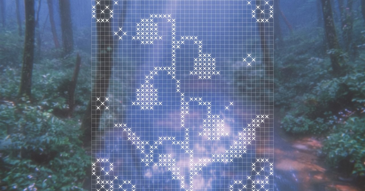 Cross-stitch grid pattern of an angel overlaid on a foggy blue forest with light rays and a dirt path.