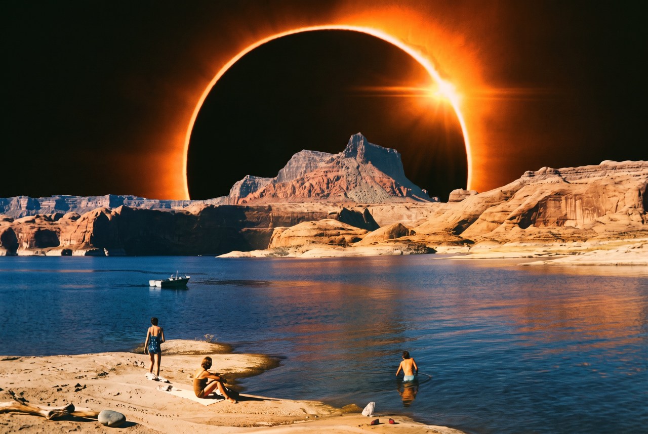 Three people on a sandy shore beside a calm lake, red rock canyon formations in the background, a dramatic solar eclipse glowing in a dark sky above.