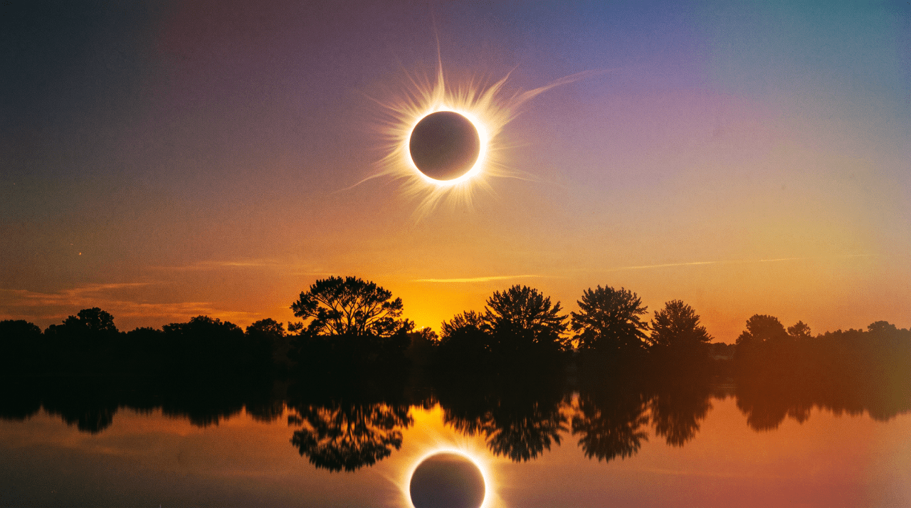 Total solar eclipse with radiating corona over a calm lake at sunset, silhouetted trees lining the horizon and the eclipse reflected in the water