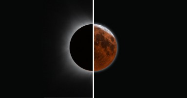 Split composite image of the Moon during a lunar eclipse: left half mostly in shadow with a white glow, right half glowing deep red-orange against a black sky.