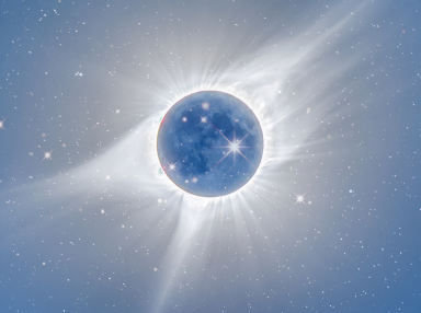Digital illustration of a blue moon blocking a bright star, with a glowing white corona and star field in the background.