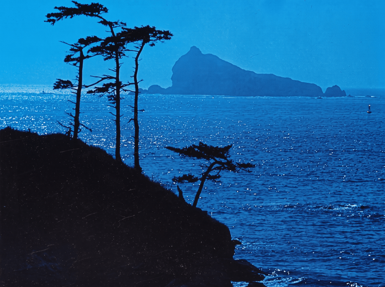 Blue-toned illustration of coastal trees, shimmering ocean water and a distant island.