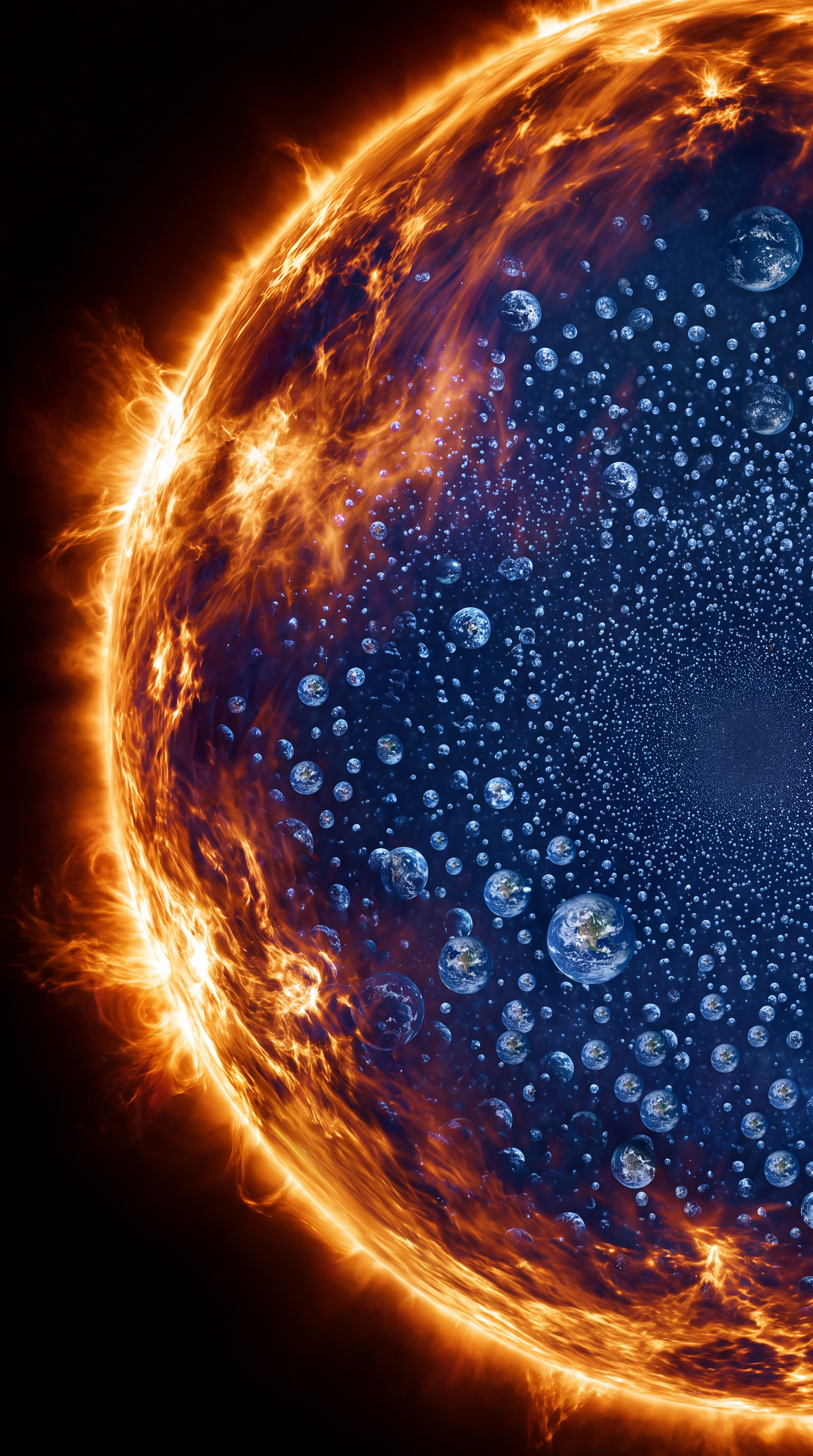 Digital illustration of the Sun's flaming surface surrounding dozens of Earth-like blue planets of varying sizes against a dark space background.