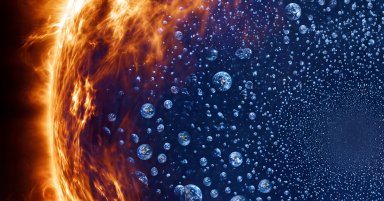 Digital art of a massive sun with hundreds of Earth-like blue planets of varying sizes floating inside its glowing, flame-ringed interior against a black background.