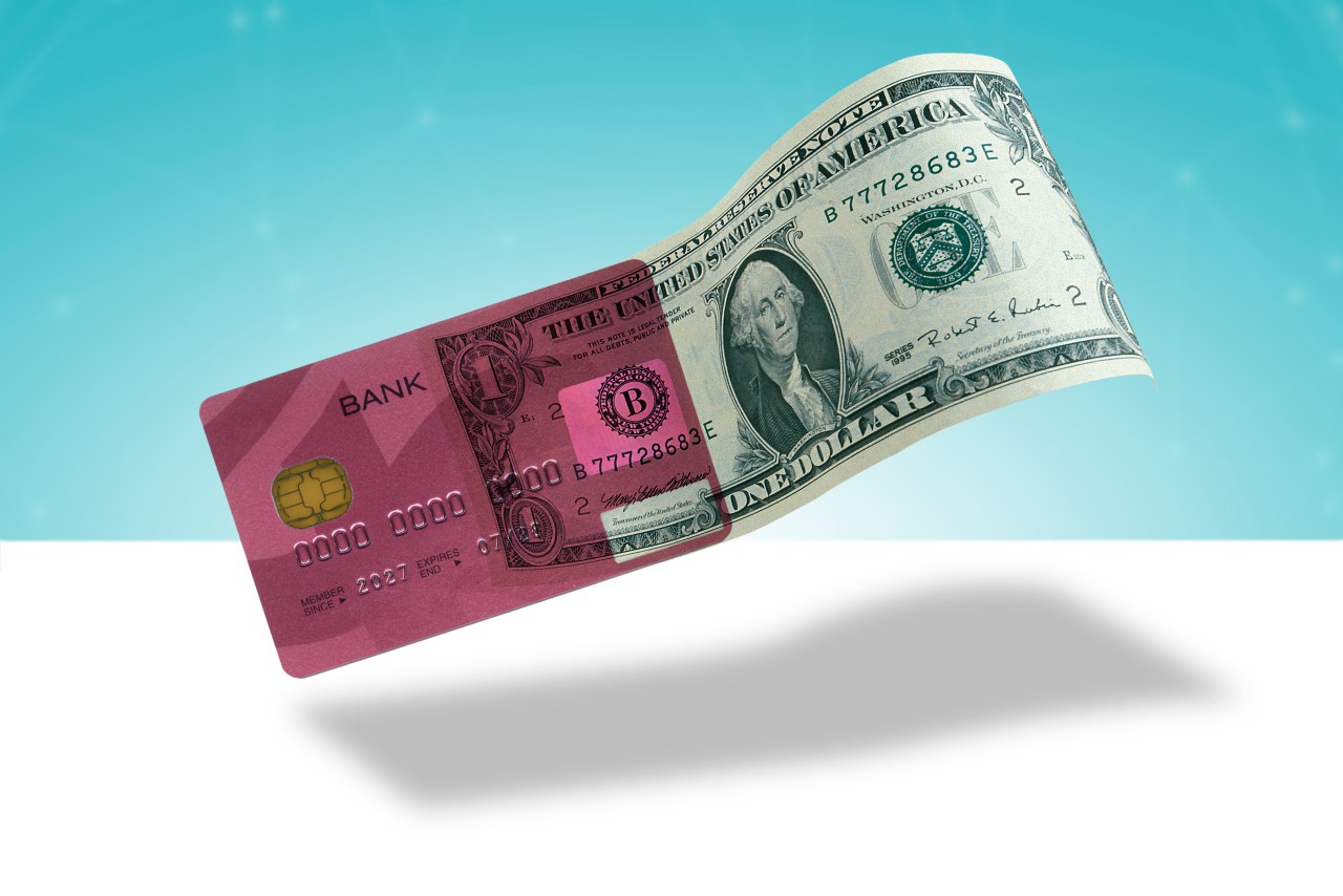 1 dollar bill with credit card